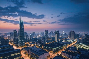 Obraz premium Dreamy Twilight Office Landscape Showcasing City Panorama for Modern Business Strategy