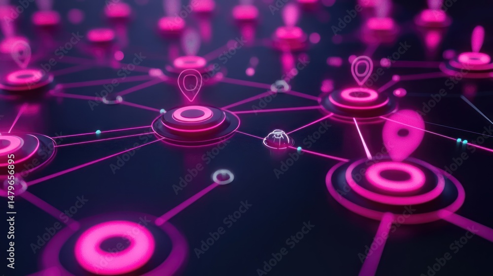 Poster abstract network visualization: a glowing pink and dark purple interconnected system of nodes and lo