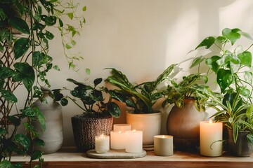 Obraz premium A Calming Indoor Oasis A Serene Still Life of Lush Greenery and Warm Candlelight Perfect for Relaxation and Aesthetically Pleasing Home Decor Ideas