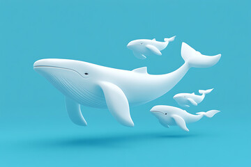 Fototapeta premium Stylized 3D whales swimming gracefully in a vibrant blue ocean background, showcasing marine life