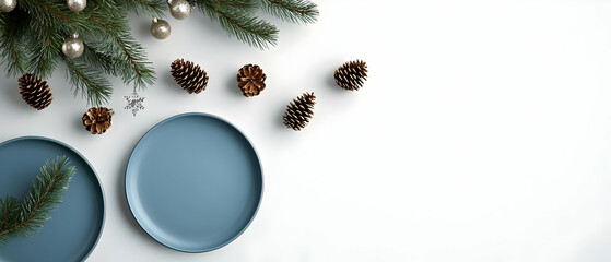 Christmas Table Setting With Blue Plates and Pine Cones
