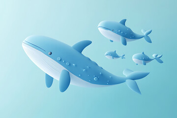 Naklejka premium A serene underwater scene featuring stylized blue whales swimming gracefully in a soft blue background