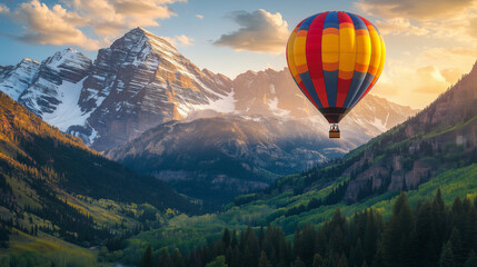 Hot Air Balloon Over Majestic Mountains and Valley
