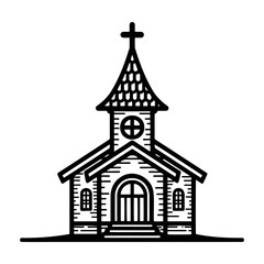 Fototapeta premium Vintage church drawing with cross and arched windows in black outline 