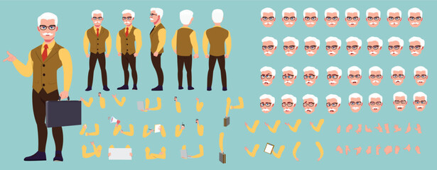 Man Character design. Front, side, back view and explainer animation poses. Character set with lip sync and facial expressions of Happy, angry, sad, Joy with Side walk cycle animation sequence sprite 