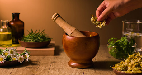 The healer prepares to crush the dried chrysanthemum flowers, using a wooden mortar and pestle following the traditional method. Brown background with ingredients used in oriental medicine.