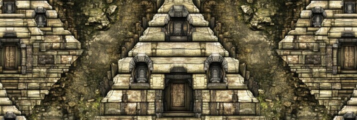 Ancient stone pyramid pattern, layered stonework, intricate carvings, symmetrical design, weathered texture