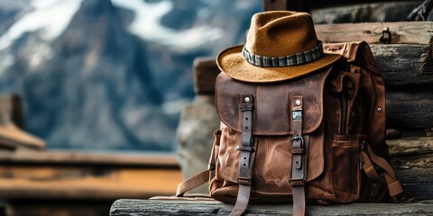 Holiday Survival. Young Traveler with Backpack and Hat Explores Adventure on Mountain Summit