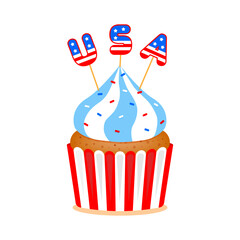 American themed cupcake. USA happy independence day cupcake. Vector illustration in cartoon flat style. Isolated on white background.