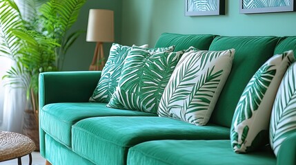 Tropical Comfort: An emerald green velvet sofa with plush pillows and modern home decor, offering a comforting and relaxing interior space. 