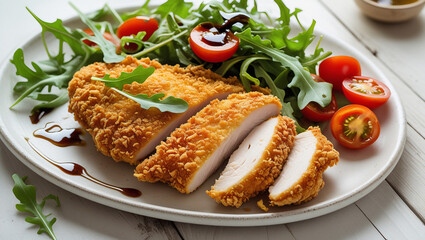 Crunchy Italian style chicken with fresh salad contrast. Perfect for upscale cafeteria menus and food styling.