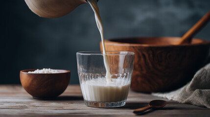 Milk pouring into clear glass cup on wooden table
