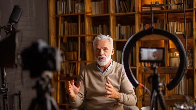 Insightful Narrator: A distinguished individual with a commanding presence sits before a microphone, his animated expressions and gestures, as he narrates, creating an engaging scene.