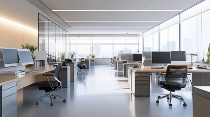 Sunlit Open-Plan Office with Modern Workstations and Glass Walls