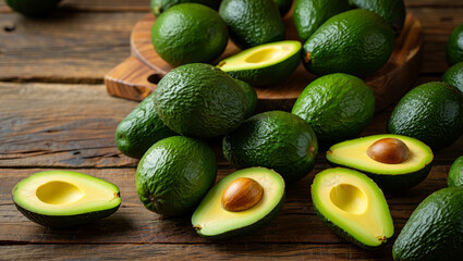 Abundant fresh green avocados, whole and halved with pits, scattered on a rustic wooden table and cutting board under soft natural light, medium close-up.