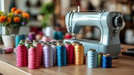 Vintage sewing machine with colorful thread spools and flowers on a wooden surface in soft focus