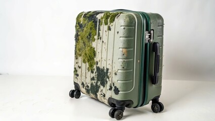 Suitcase on wheels with mold isolated on a white background, showcasing wear and neglect