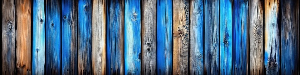 Vertical wooden planks in shades of blue, brown, and gray.  Textured and distressed wood paneling, with vertical stripes of varying hues, showing signs of age and wear