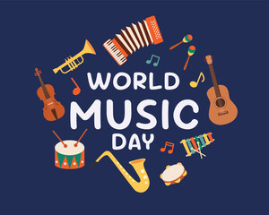 World Music Day and musical instruments poster. Music day concept. Vector illustration design.