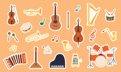 Musical instruments sticker set pack. Music elements of violin, maracas,accordion,piano,drums,guitar, flute,triangle,bass guitar,horn,harp,flute,tambourine,cello,xylophone.