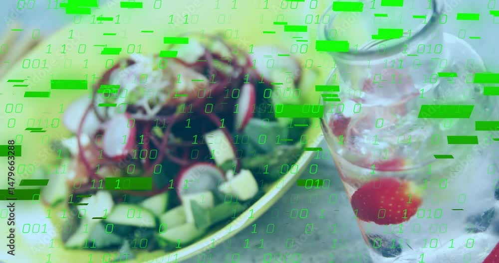 Poster yellow plate showing salad with radish, microgreens and cheese by strawberry jar under binary code