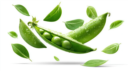 Green pea pod with peas floating on white background