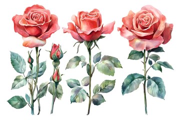 Watercolor pink rose illustrations with buds and green leaves, botanical art, floral design, romantic flowers, hand-painted roses, isolated on white