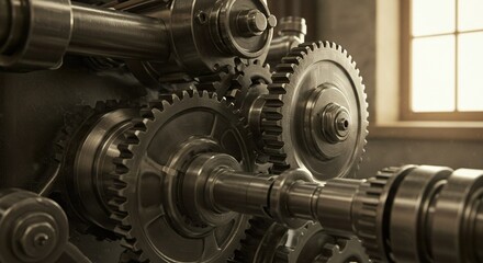 Naklejka premium Mechanical gears interlocking, engineering precision and timeless functionality