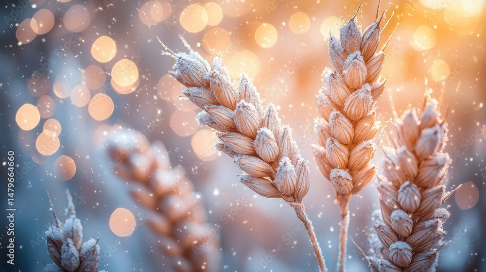 Aufkleber wheat stalks with bokeh lights and falling snow