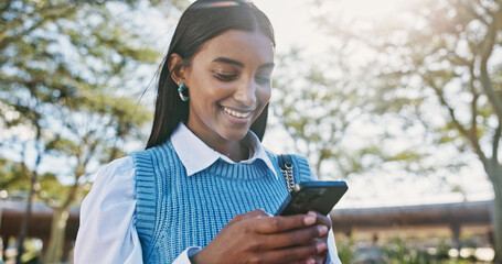 Business, funny and woman with smartphone, outdoor and smile with connection, meme and humor. Happy...