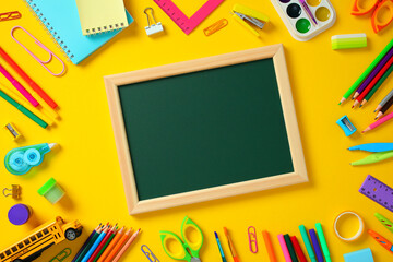 Back to school concept. Colorful stationery and chalkboard on yellow background