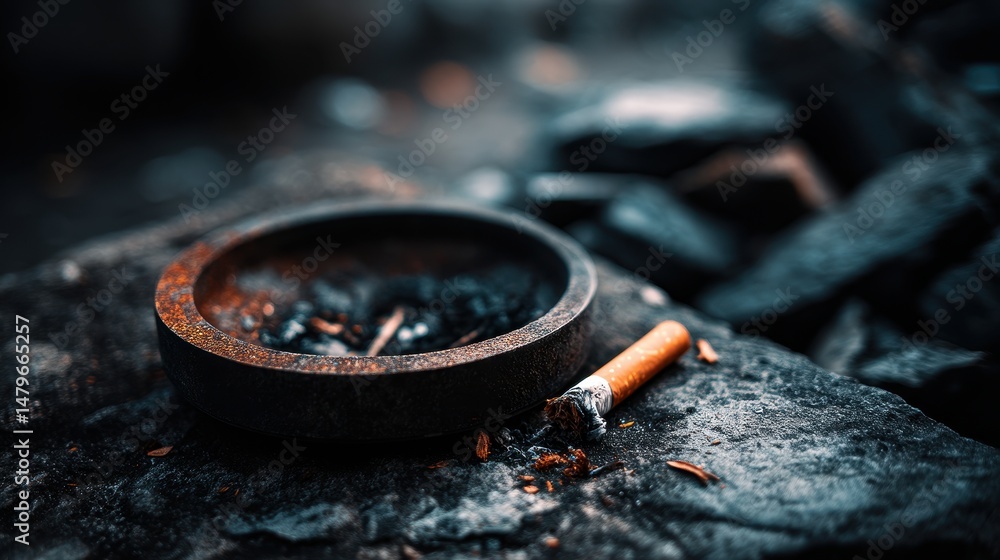 Poster artistic view of an empty ashtray with broken cigarette and surrounding stones in a dimly lit enviro