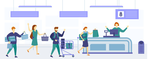 Queue of cartoon people with man woman student client standing in line waiting at supermarket in casual attire young crowd patience concept store shopper society view background team behind


