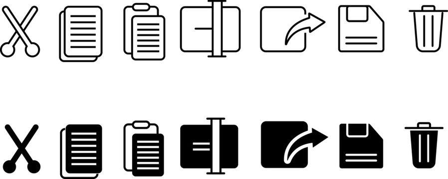 Cut, copy, paste, rename, share, save and delete icon. Document options icons. File option sign

