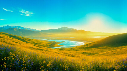 Obraz premium Majestic mountains and serene river landscape under bright blue sky at golden hour with vibrant wildflowers