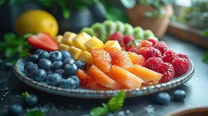 Delicious Rainbow Fruit Platter featuring Strawberries, Blueberries, Raspberries, Mango, and Kiwi Slices
