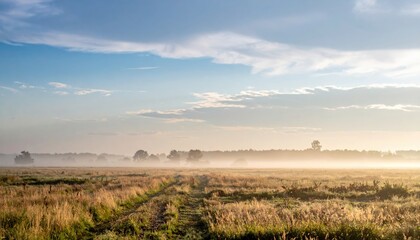 Obraz premium Morning mist reveals serene landscape open field nature photography tranquil environment wide angle peacefulness