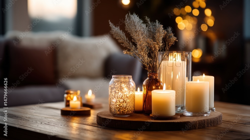 Aufkleber soft candle decor creating a warm setting with glowing lights and natural elements in a cozy space