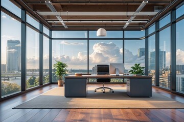 Modern Office Design with Large Windows and Relaxing Cloud Visualization Framework