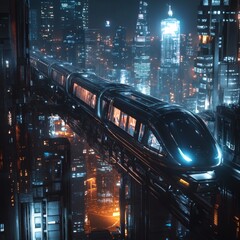 Fototapeta premium Futuristic Elevated Train Gliding Through a Dense Cityscape at Night