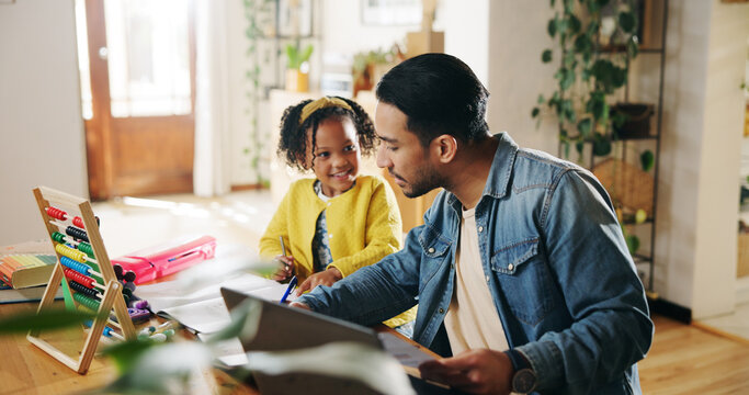 Father, child and help with homework in home for maths and remote work with teaching and education. Man, girl kid and happy for support of freelancer with homeschool lesson or tutoring in house