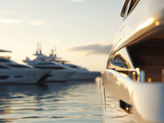 Naklejka premium Elegant yachts are docked in a serene marina at sunset, hinting at luxury and leisurely getaways. Beautiful light over calm waters.