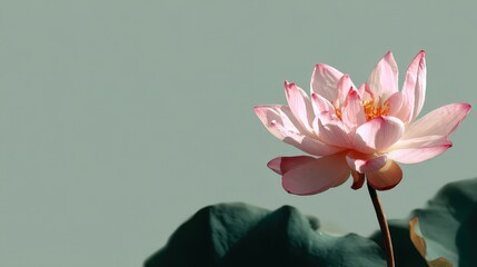 A delicate lotus flower displays its soft pink petals in the lower right corner, surrounded by green leaves against a muted background, symbolizing tranquility and beauty