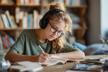  Teen girl journaling with headphones on at her study desk.
