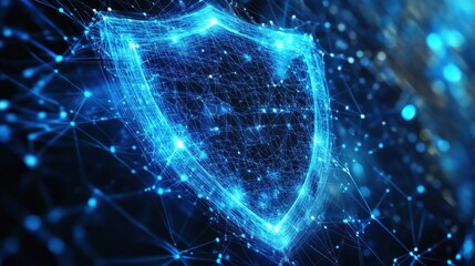 Abstract glowing shield formed by interconnected nodes and lines, digital security concept