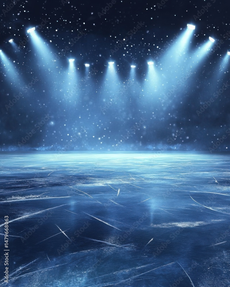 Poster ice rink perspective view under spotlights and snow with scratches and marks on the surface for skat