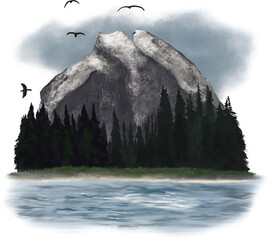 Majestic Mountain with Pines by the Water