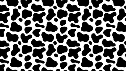 Seamless pattern of black and white cow spots creating a classic animal print design for backgrounds or textiles