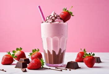 There is a chocolate shake with strawberries and chocolate chunks inside