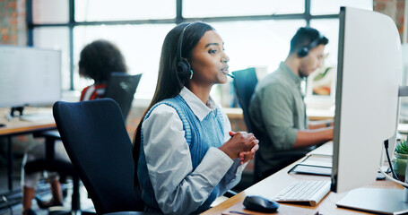 Business, woman and talking with computer at call centre for customer service, questions and...